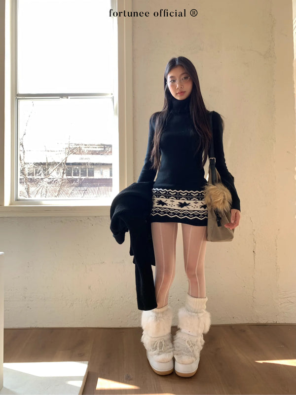 jacquard turtleneck dress