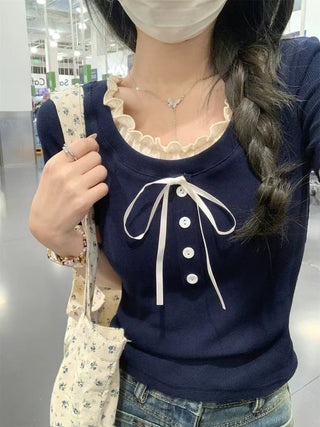 Bow tie fake two piece slim top