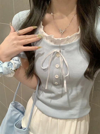 Bow tie fake two piece slim top