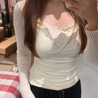 Floral graphic fake two-piece long-sleeve top