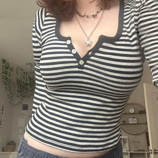 Solid color Strip long-sleeved Tee