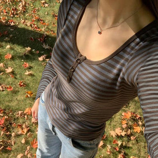 Solid color Strip long-sleeved Tee