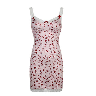 Cherry graphic slim lace stitching dress