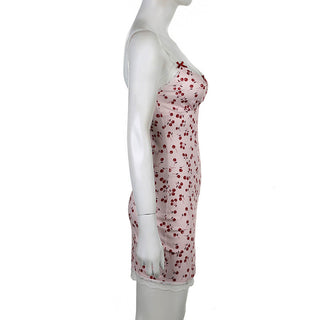 Cherry graphic slim lace stitching dress