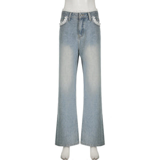Lace edge loose jeans