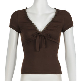 Lace edge V -neck slim top