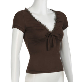 Lace edge V -neck slim top