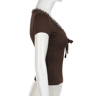 Lace edge V -neck slim top