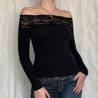 Off-shoulder lace stitching knit top