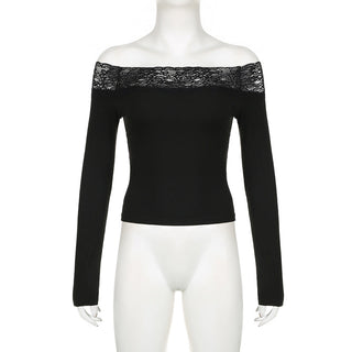 Off-shoulder lace stitching knit top