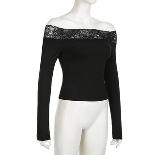 Off-shoulder lace stitching knit top