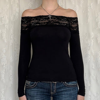 Off-shoulder lace stitching knit top