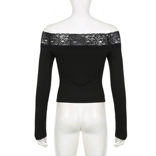 Off-shoulder lace stitching knit top