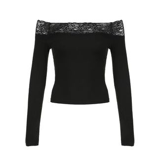 Off-shoulder lace stitching knit top