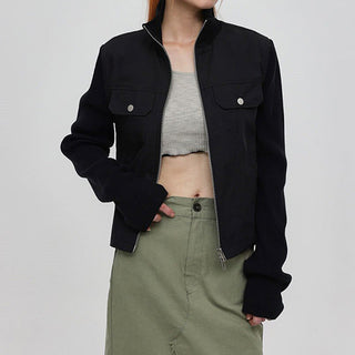 Solid color worker double zipper jacket