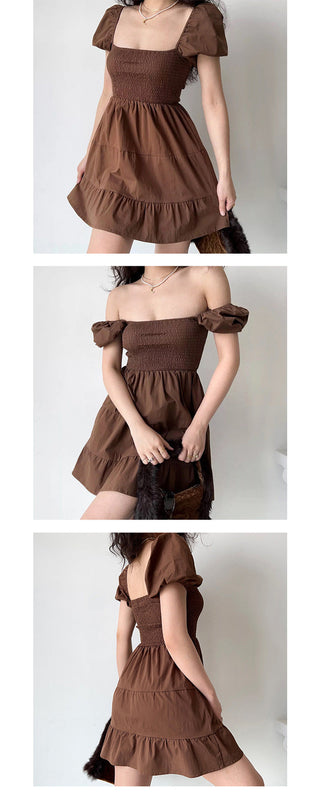 Square collar lantern sleeve fold dress