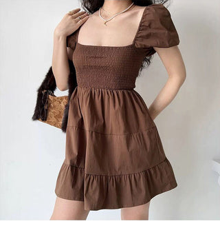 Square collar lantern sleeve fold dress