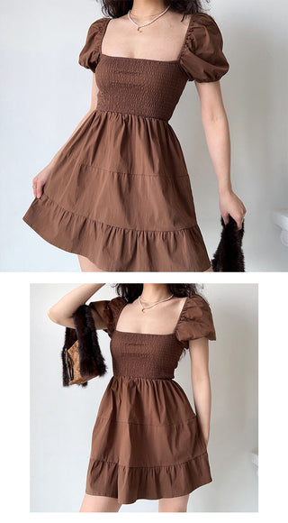 Square collar lantern sleeve fold dress