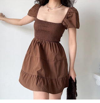 Square collar lantern sleeve fold dress