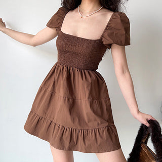 Square collar lantern sleeve fold dress