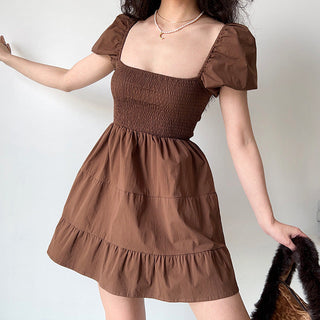Square collar lantern sleeve fold dress