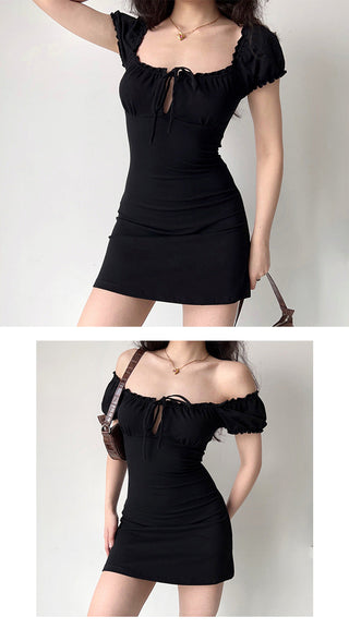 Hollow lace bubble sleeve slim top