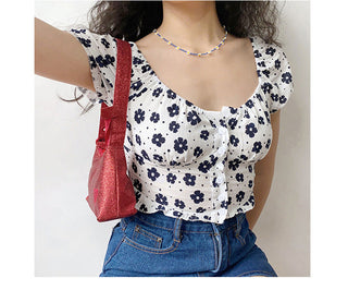 Floral bubble sleeves slim top