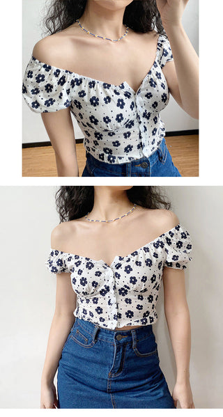 Floral bubble sleeves slim top