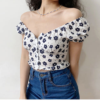 Floral bubble sleeves slim top