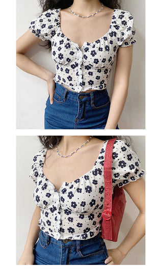 Floral bubble sleeves slim top