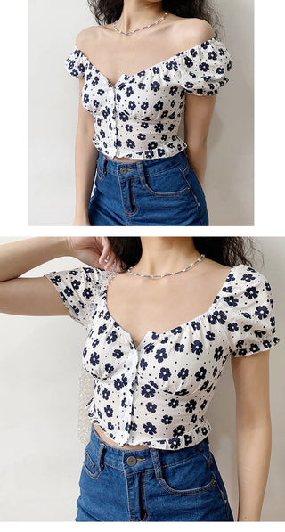 Floral bubble sleeves slim top
