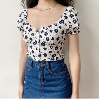 Floral bubble sleeves slim top