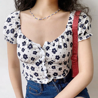 Floral bubble sleeves slim top