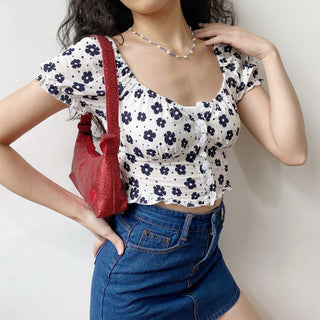 Floral bubble sleeves slim top