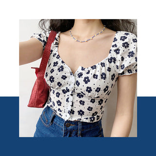Floral bubble sleeves slim top