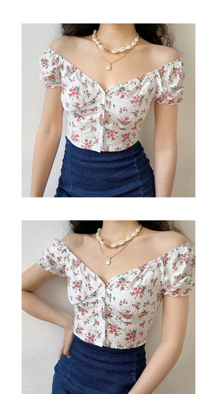 Floral graphic bubble sleeve slim top
