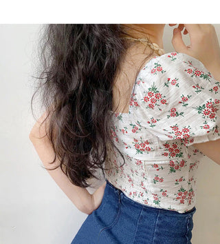 Floral graphic bubble sleeve slim top