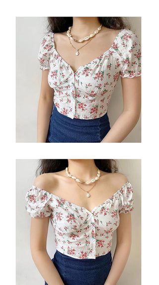 Floral graphic bubble sleeve slim top