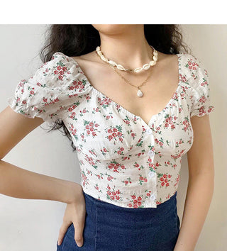 Floral graphic bubble sleeve slim top