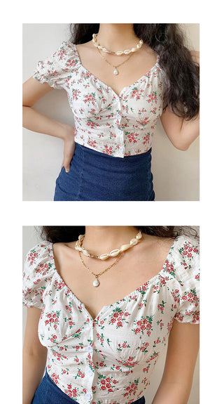 Floral graphic bubble sleeve slim top