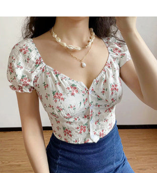Floral graphic bubble sleeve slim top