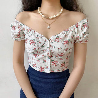 Floral graphic bubble sleeve slim top