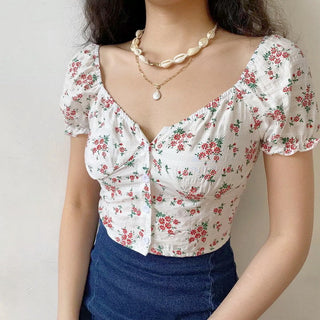 Floral graphic bubble sleeve slim top