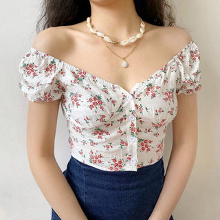 Floral graphic bubble sleeve slim top