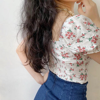 Floral graphic bubble sleeve slim top