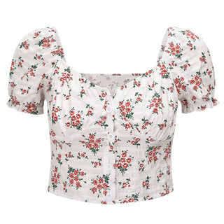 Floral graphic bubble sleeve slim top
