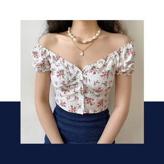 Floral graphic bubble sleeve slim top