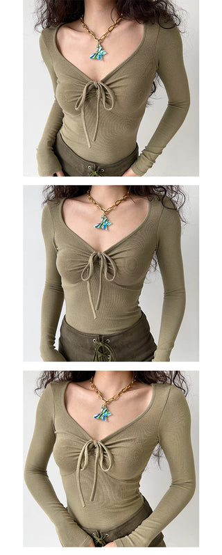 Bow knot V-neck long-sleeve top
