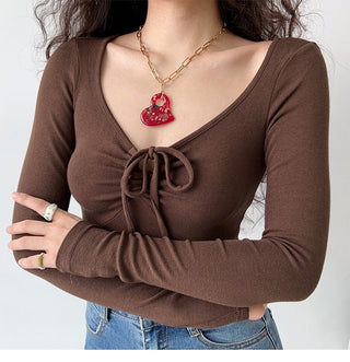 Bow knot V-neck long-sleeve top