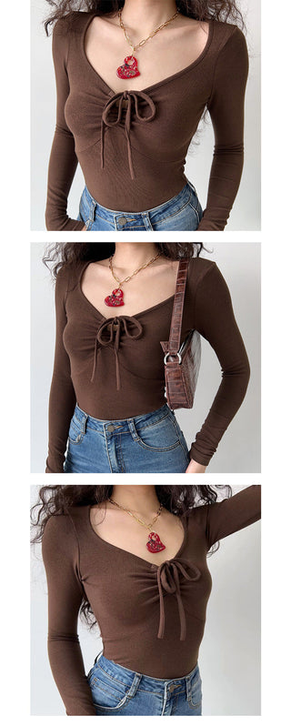 Bow knot V-neck long-sleeve top